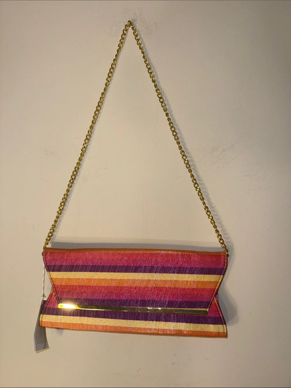 Striped Pink & Orange Chain-Handle Shoulder Clutch